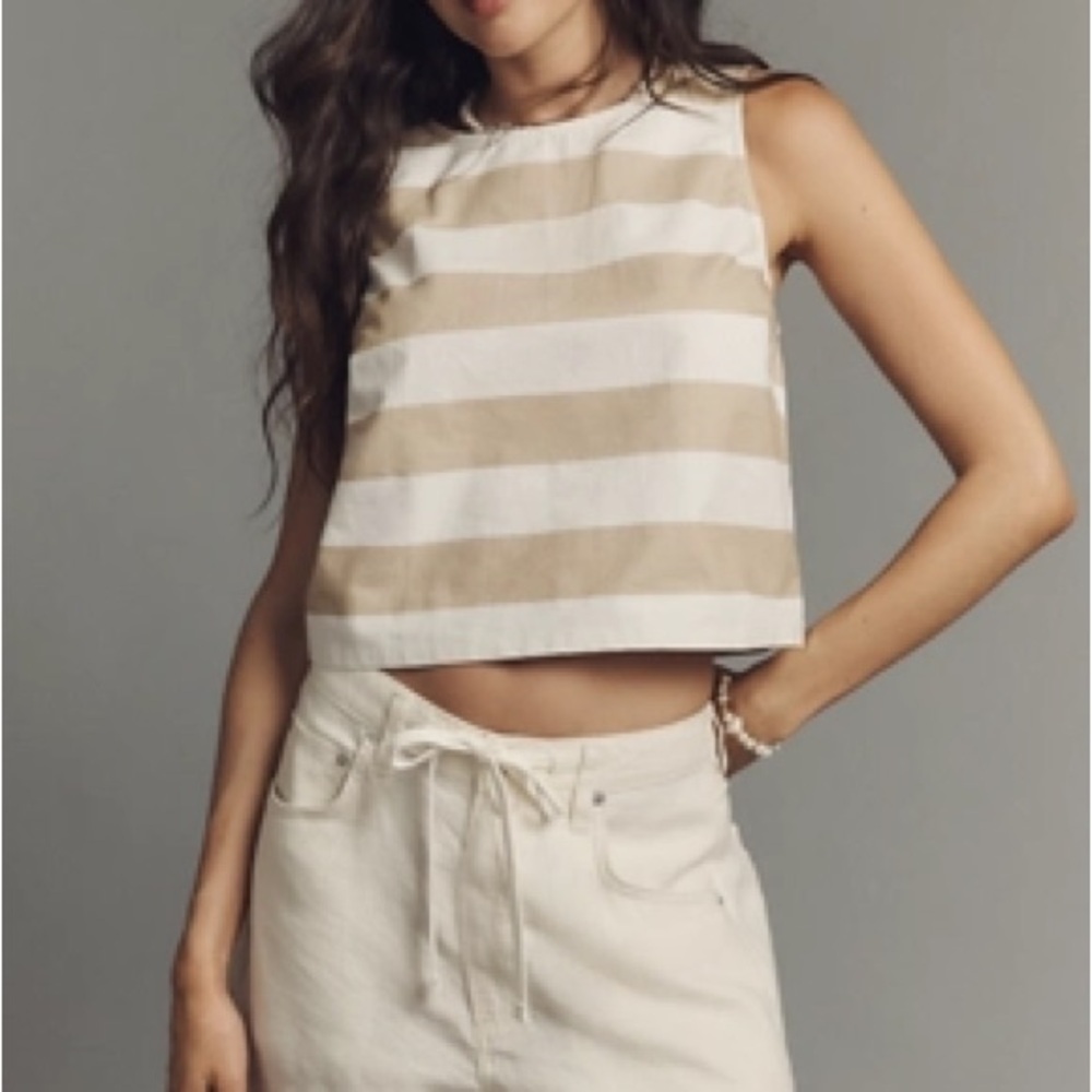 NWT Maeve Size XL Icon Crop Cotton Tank Top Semolina Stripe - Picture 2 of 13